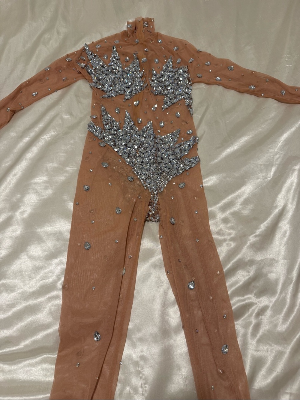 Nude Crystal-Appliqué Mesh Jumpsuit